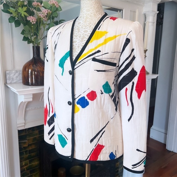 VINTAGE LEVINO VERNA 100% Silk White & Multi Color Abstract Print‎ Jacket Size 4 - Picture 4 of 16
